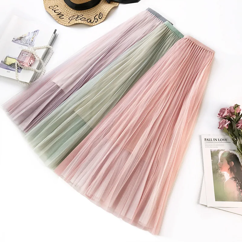 

Wasteheart Spring Pink Purple Green Women Skirt High Waist Mid-Calf Long Skirt Clothing Mesh A-Line Sexy Skirts Plus Size