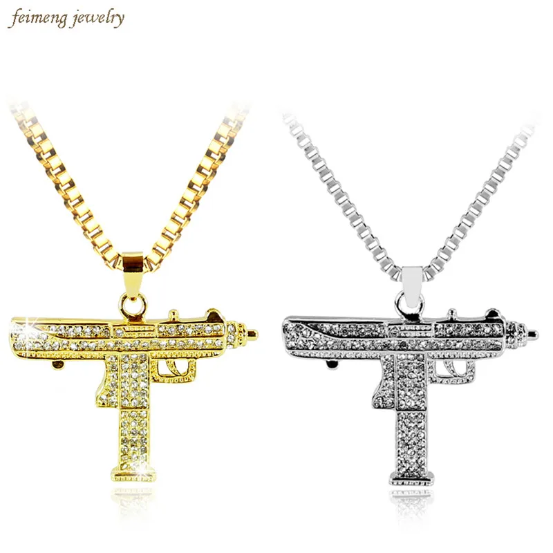 2017 Gold & Silver Chain Pistol Pendant Unisex Submachine Uzi Gun