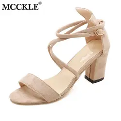 MCCKLE/женские босоножки на высоком каблуке из флока с перекрестными ремешками на щиколотке и пряжкой, женские пикантные летние туфли с