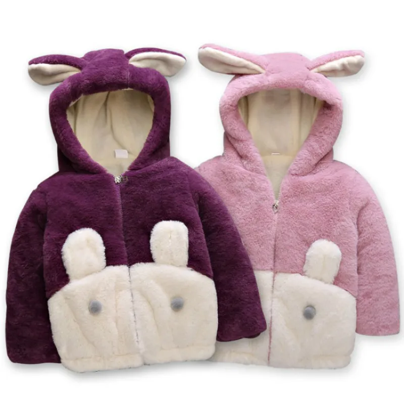 

Autumn Winter Coats Baby Air Cotton Jackets Cute Bunny Ears Coat Girl's Clothes Hoodied Christmas Gift Pink and Purple Coats