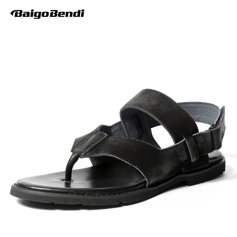 

2018 Summer Trendy Men's Genuine Leather Rome Style T-strap Flip Flop Sandals Man Summer Hook Loop Gladiator Sandals