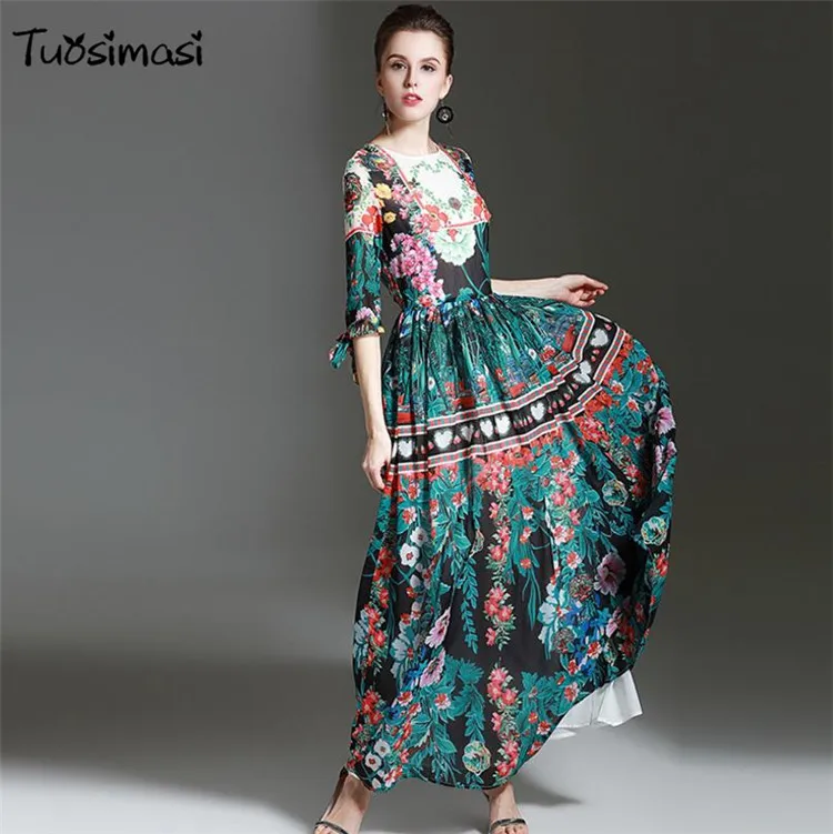2018 Весна Для женщин Elegante цветочным принтом Ретро Винтаж зеленый длиной макси