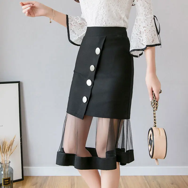 S-5XL New Women Skirt High waist Mesh patchwork Mermaid Skirt Slim Sexy Pencil Skirt Elegant button Office Ladies Skirts