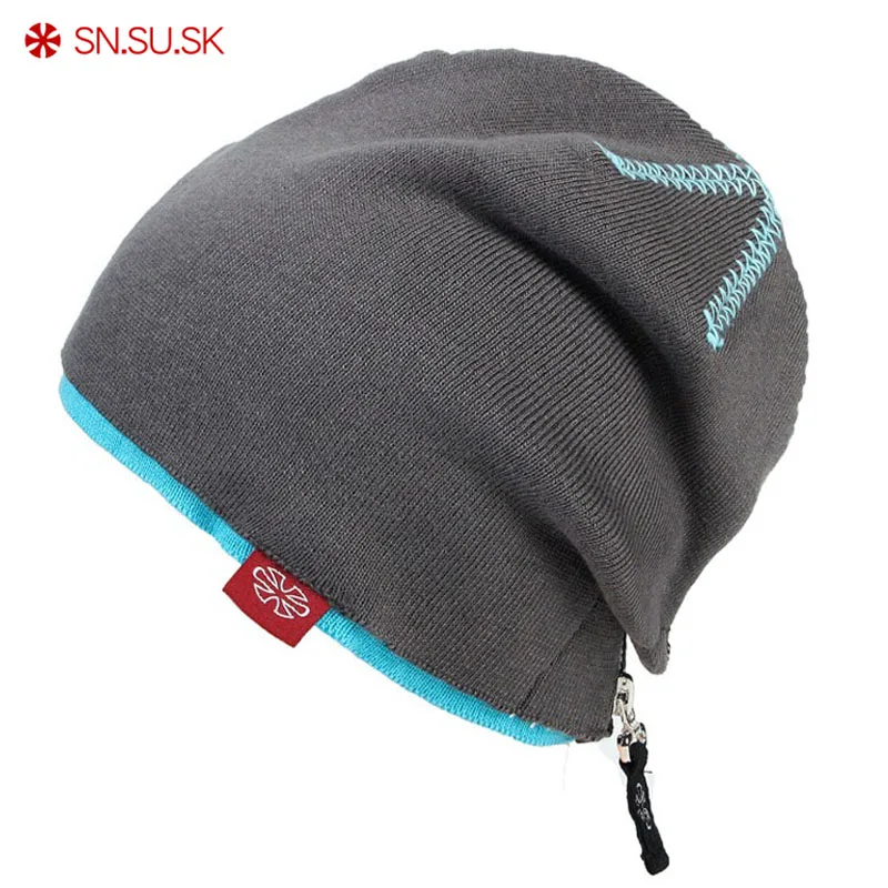 

SN.SU.SK Double Layer Men Women Warm Hats Winter Knitting Ski Hat Zipper Hip Hop Beanies Punk Caps Skating Snowboard Cap 04-5269