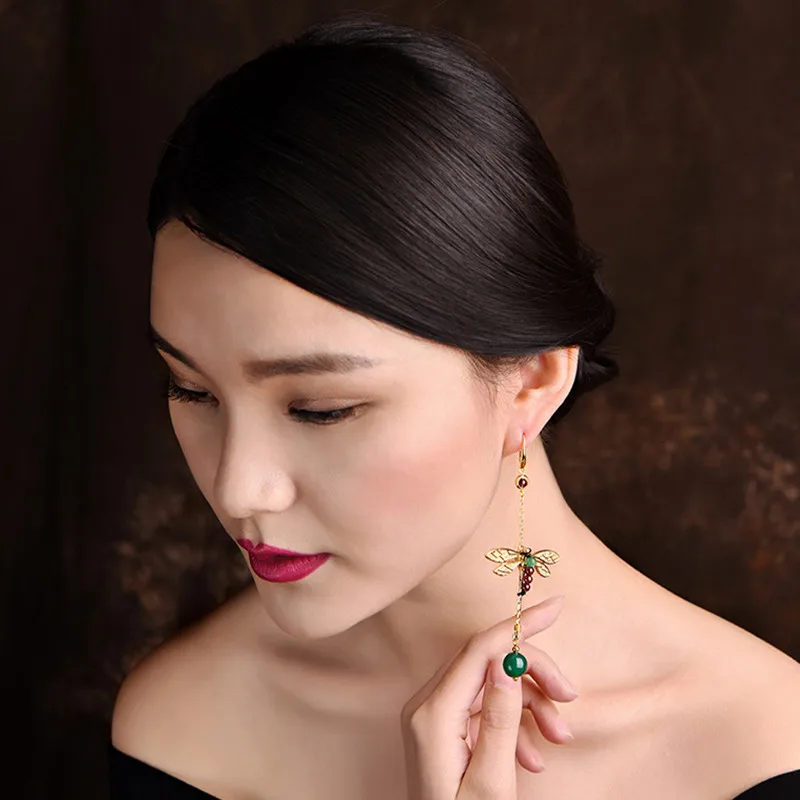 Yanting Natural Green Stone Earrings For Women Gold Color Gragonfly Earing Irregular Ethnic Earrings Fashon Jewelry Female 2018 026  (15)