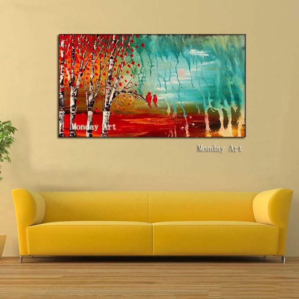 Hand-painted-landscape-birch-tree-oil-painting-on-canvas-small-bird-on-the-branches-modern