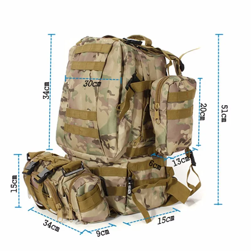 55L 4 in 1 Molle Rucksack Camouflage Mountaineering Bags 600D Military Tactical Backpack Outdoor Camping Hiking Hunting Climbing