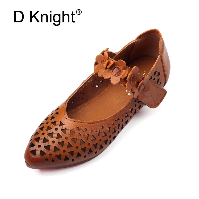 

2018 New Summer Mary Janes Breathable Genuine Leather Flats Ethnic Hole Female Shoes Vintage Pointed Toe Hollow Women's Sandals
