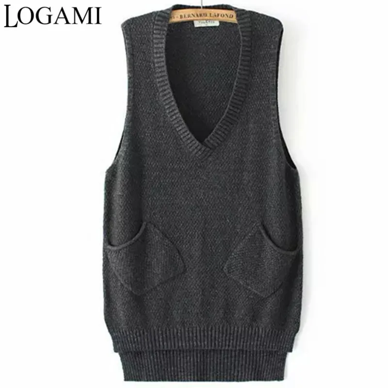 

LOGAMI V Neck Long Vest Knitted Women Sweaters And Pullovers Woman Sleeveless Casual Pocket Sweater Pull Femme