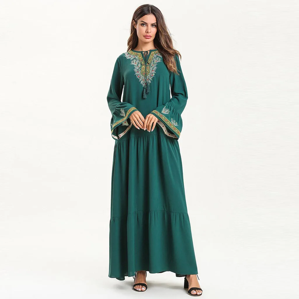 Популярное мусульманское платье, новинка, Дубай, мусульманское платье с вышивкой, женское платье-кафтан, абайя, джилбаб, ислам Рамадан, халаты, зеленые женские халаты