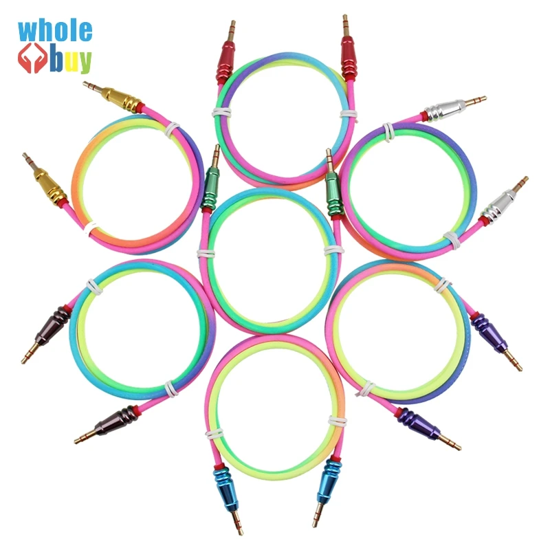 100pcs 3 5 Jack Audio Cable Male to Male Rainbow Round Bullet Cloth Audio Aux Cable For iPhone Car Headphone Wire Line Aux Cord