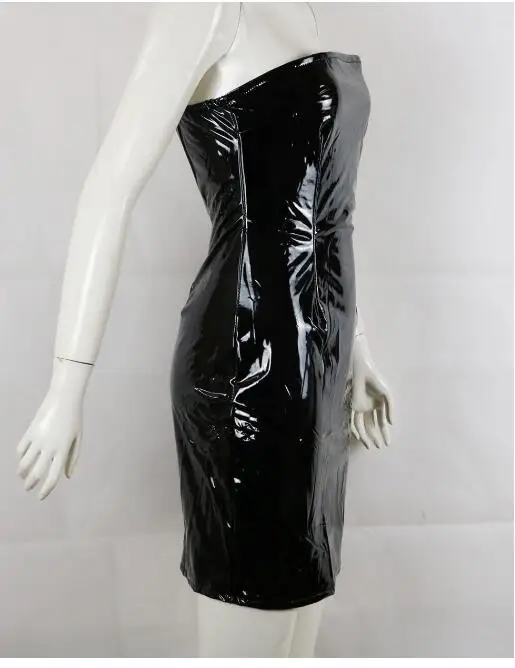 Сексуальные женщины черный ПВХ молния латексная кожа мокрой вид Bodycon платье сексуальное