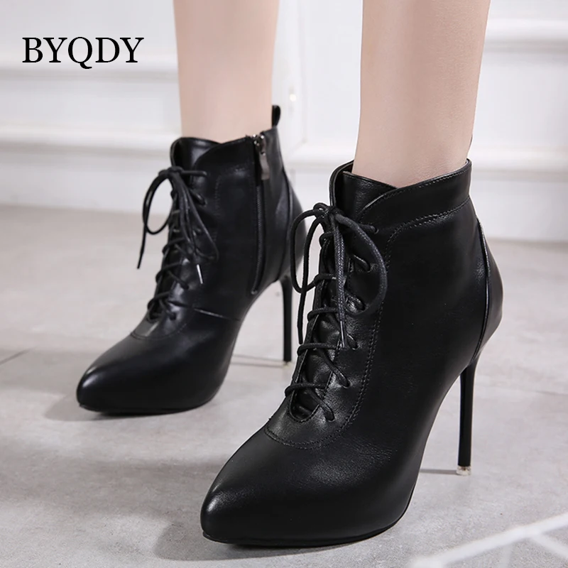

BYQDY Wholesale 2018 Autumn Women Ankle Booties Shoes Soft Leather High Heels Female Shoes Lace Up Ladies Shoes For Party Spring