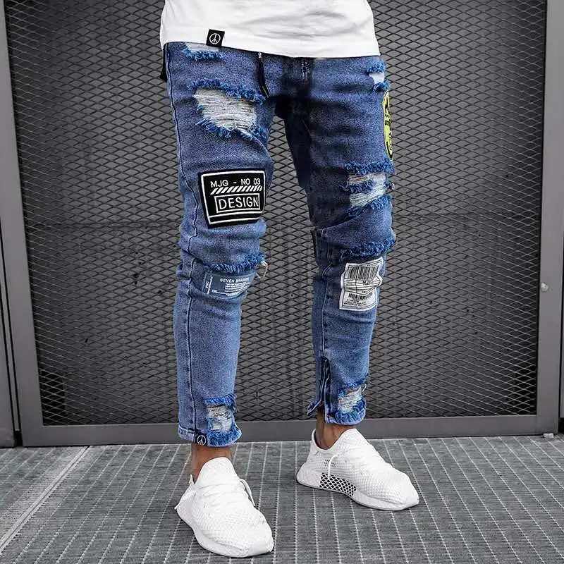 Новые мужские узкие обтягивающие джинсы на молнии эластичные рваные байкерские джинсы с вышивкой