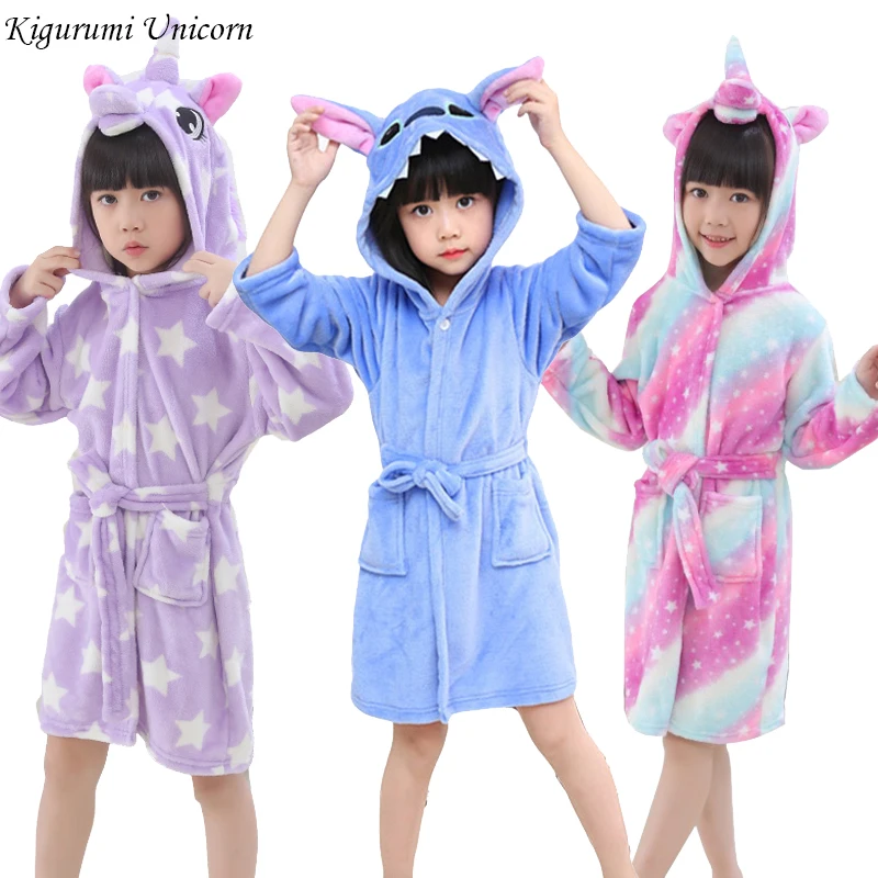 Kid Bathrobe Unicorn Robe Unisex Flannel Nightgown Hooded Sleepwear