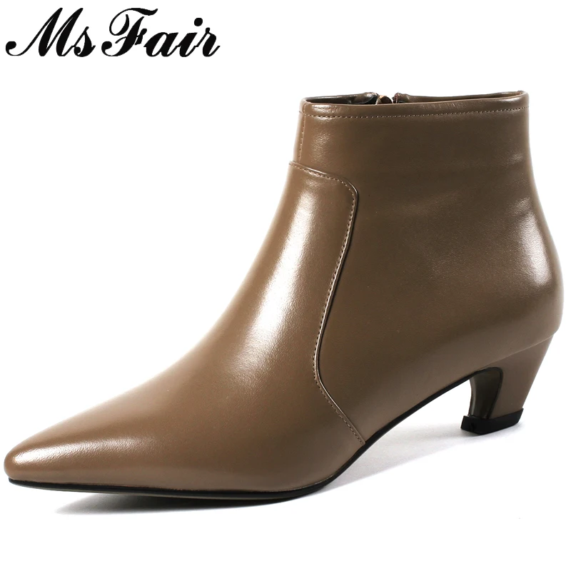 

MSFAIR Pointed Toe Spike Heels Women Boots Fashion Metal Zipper Ankle Boots Women Shoes Med Heel Black Brown Boots Shoes Woman