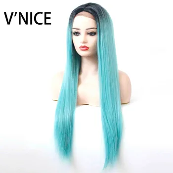 

V'NICE Ombre Turquoise Synthetic Lace Front Straight Wig Middle Part Heat Resistant Fiber Black Roots to Pastel Blue Women Wig