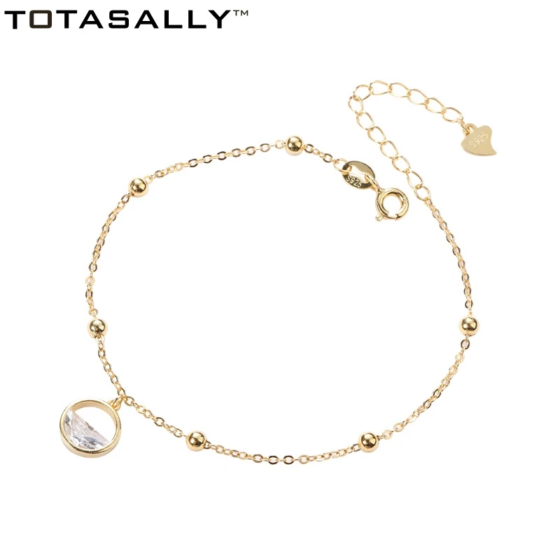 

TOTASALLY 100% Real S925 Silver Personality bracelet golden bead chain zircon stone round charm pendant bracelet For Women