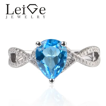 

Leige Jewelry Genuine Swiss Blue Topaz Gemstone Prong Setting Pear Cut Blue Gemstone Ring Romantic Gift For Girls 925 Silver