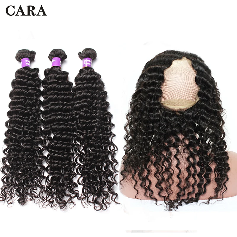 

360 Lace Frontal With Bundle Deep Wave Bundles 3 PCs Pre Plucked Brazilian Human Hair 360 Lace Frontal Closure CARA Remy Hair