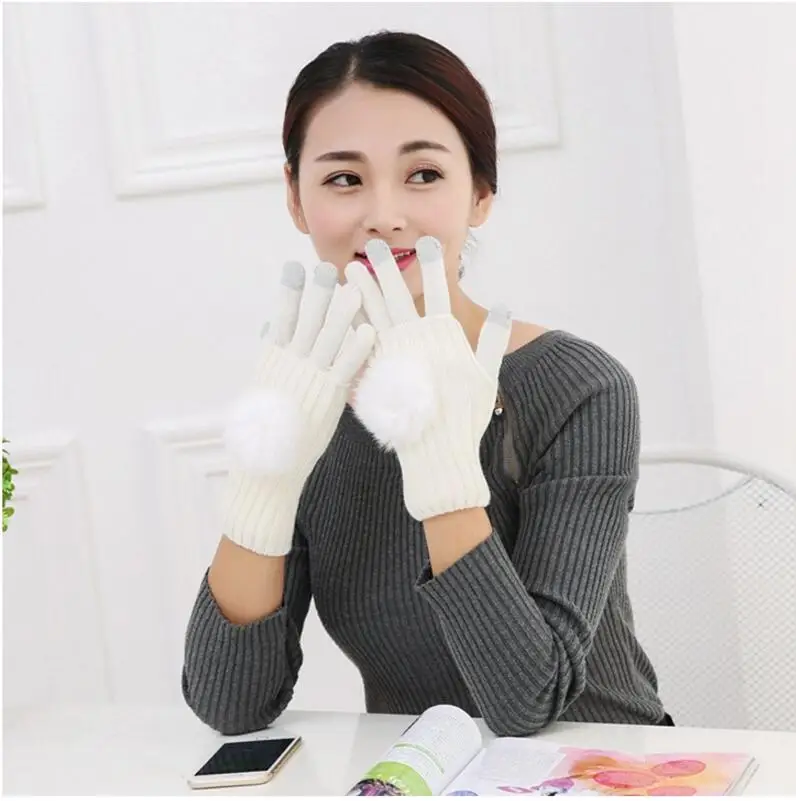 VISNXGI Зимние перчатки для сенсорного экрана для модных женщин меховые шарики из двух частей теплые митенки полный палец женские перчатки