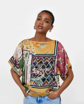 

2018 summer Joker prints loose laced short sleeved blouse