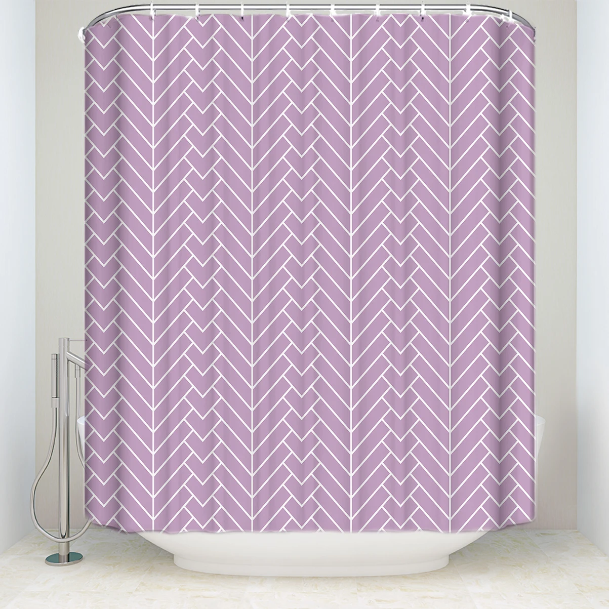 

New Arrival Waterproof Natural Herringbone Stripe Shower Curtain Polyester Fabric Purple Bathroom Curtains for Home Decorations