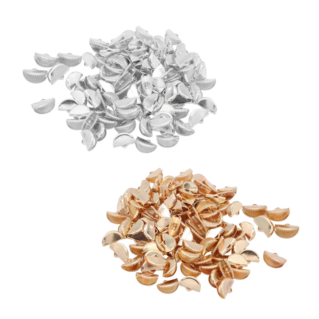 

100 Pieces Golden/Silver Half Round Ribbon Clamp End Crimps Cord Ends with Loop Jewelry Making Supplies