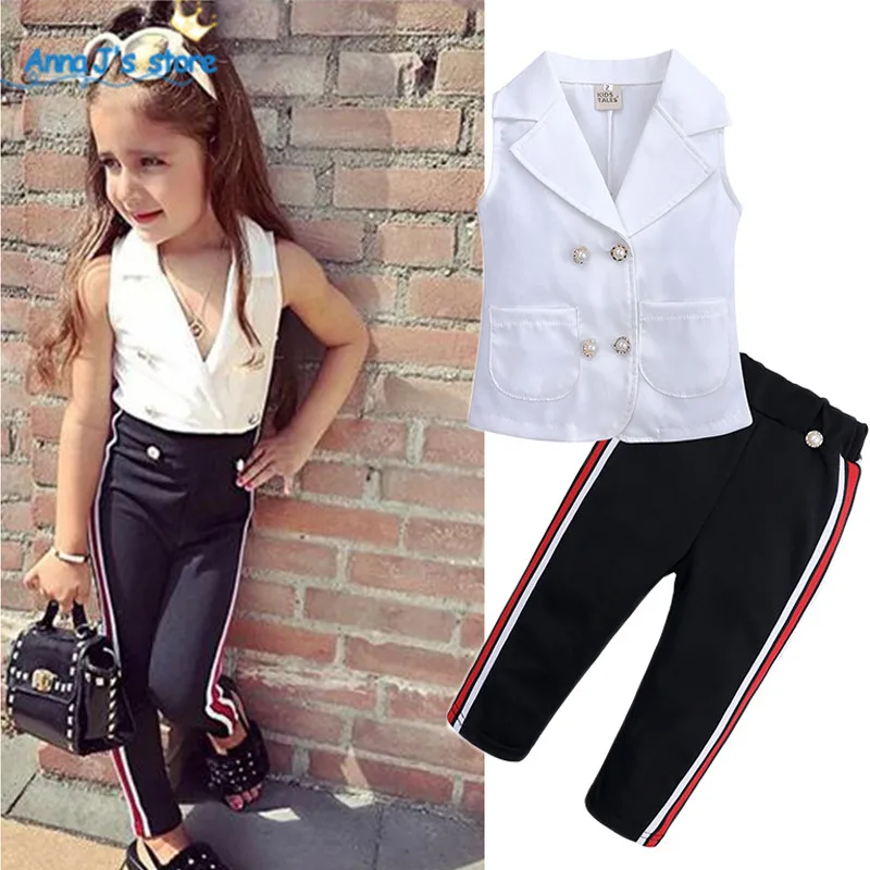 

Fashion Girls Clothing Sets New Summer 2019 Sleeveless shirt + striated black pants 2Pcs Suit Casual Children Clothes set TZ641