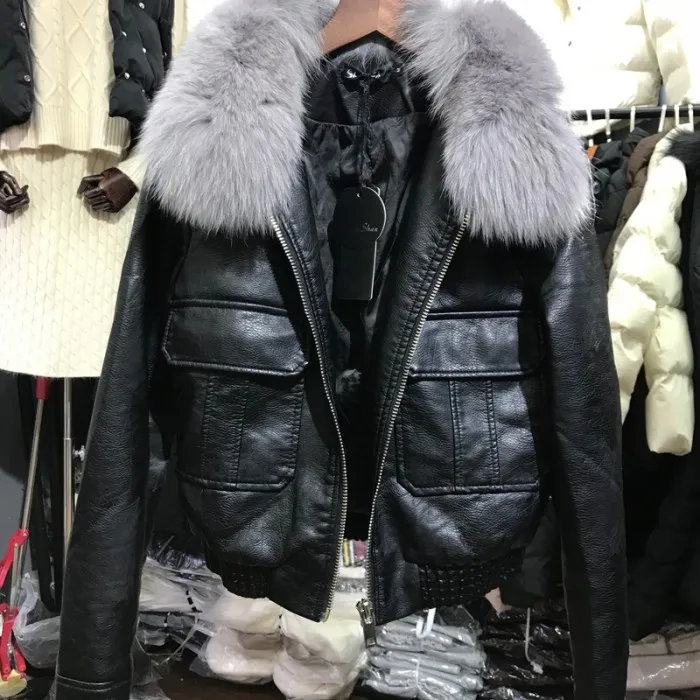 Хит, женские зимние теплые куртки из искусственной кожи с меховым воротником, женские белые и черные мотоциклетные и байкерские пальто - Цвет: Черный