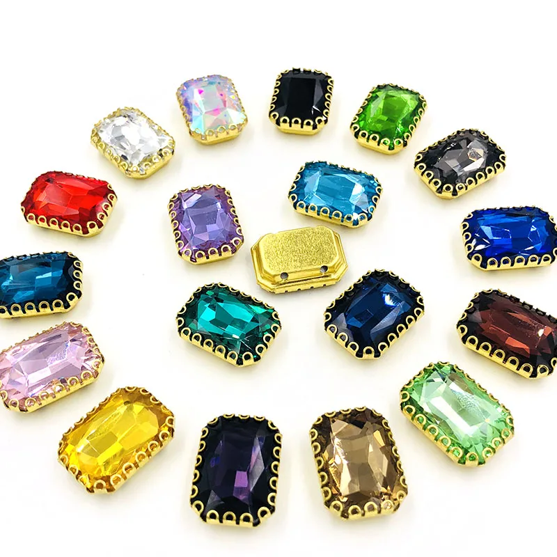 Free shipping 8X10mm/10X14mm/13X18mm Rectangle flatback sew on rhinestones Lacy shape claw gold base with hole DIY Accessories - Цвет: Mixed color