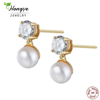 

Hongye 2020 Hot Shiny Round Natural Freshwater Pearl Stud Earrings With 925 Sterling Silver For Women Charm Jewelry Best Gift
