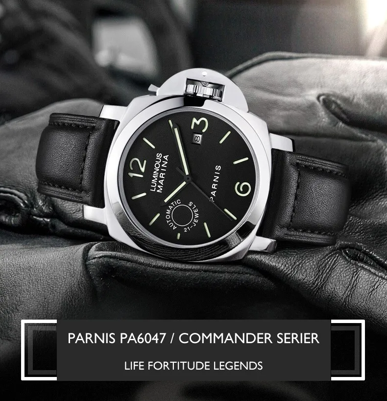 Parnis Commander IIV Seriers светящийся мужской кожаный ремешок для часов автоматические самозаводные механические часы наручные часы