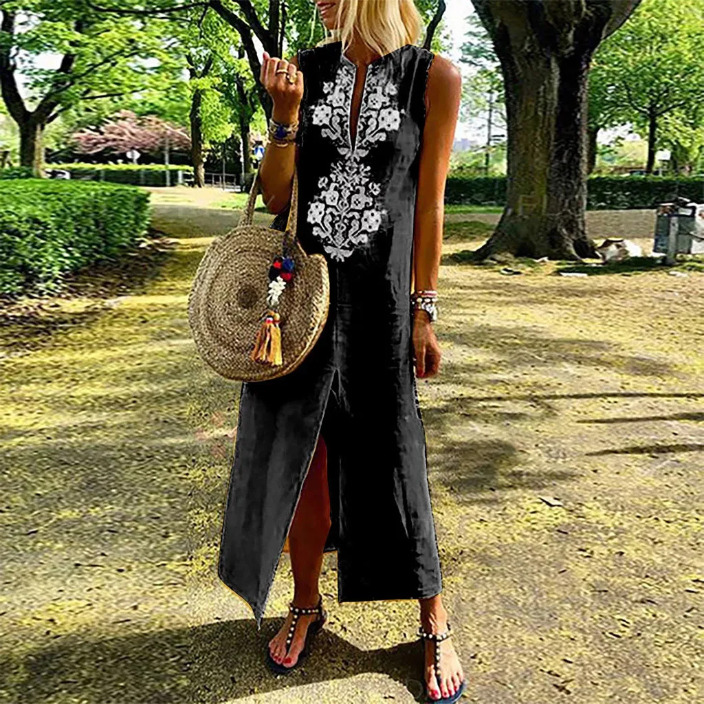 

Feitong Dress Women’s Printed Sleeveless V-neck Maxi Dress Vestidos De Verano Split Hem Baggy Kaftan Long Summer Women Dress