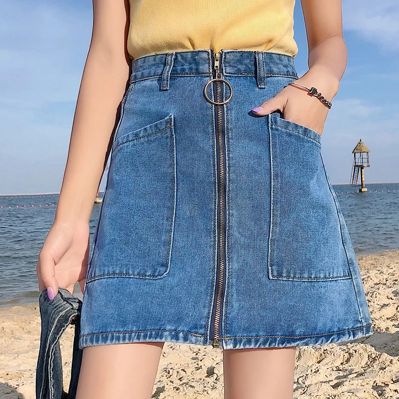 INS летняя модная женская Повседневная джинсовая юбка с высокой талией и большими карманами на молнии мини-юбки трапециевидной формы джинсовая юбка