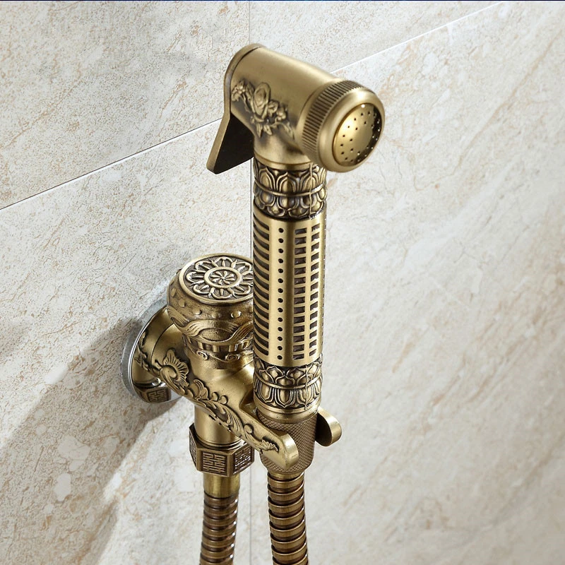 Antique Brass Bathroom Bidet Faucet Flower Carved Toilet Clearing Hand