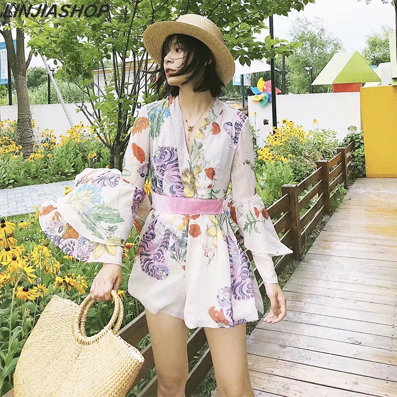 

Bohemian V Neck Golden Silk Chiffon Print Rompers With sashes Zip Women Summer Holiday Beach Playsuits Bloggers Designer Style