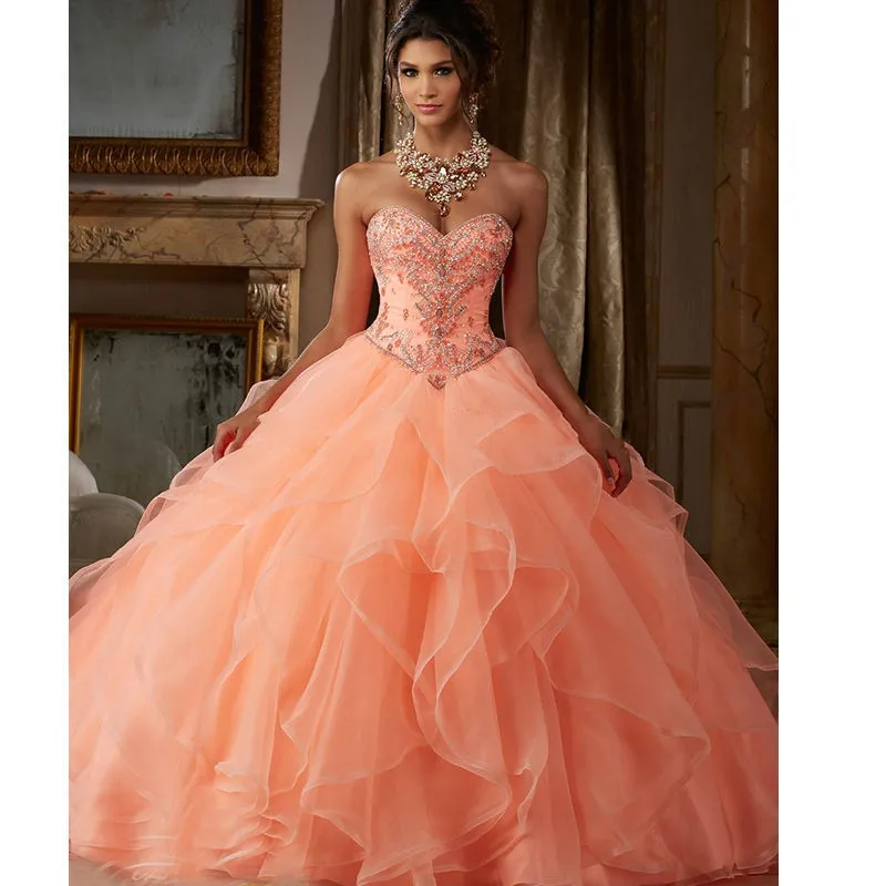 

Sweet 15 Year Coral Quinceanera Dresses with Jacket 2019 Organza Beaded Sequin Lace Up Cheap Ball Gown Birthday Party Dress
