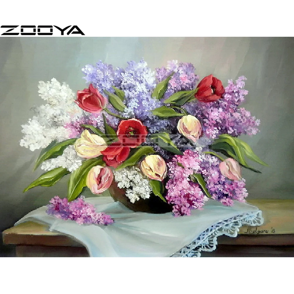

ZOOYA Diamond Embroidery 5D DIY Diamond Painting Cross-Stitch Kits Tulip Lilac Flowers Rhinestone Painting Mosaic Picture R1280