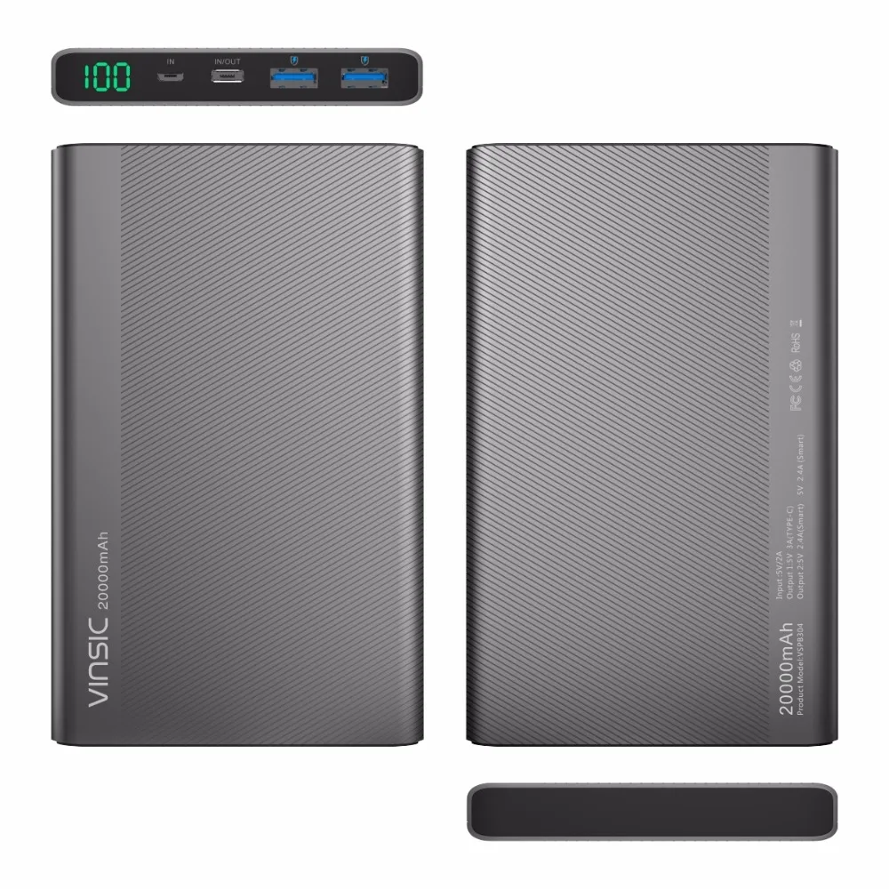 Vinsic 5V/3A 20000mAh Power Bank Type-C Dual USB External Battery Charger For iPhone X Xiaomi Mi8 Huawei Samsung S9 HTC