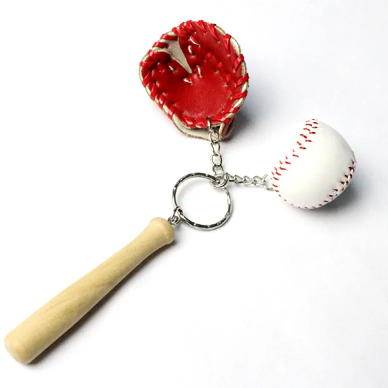 6pcs/lot New Mini Three piece Baseball Glove Wooden Bat Keychain Sport
