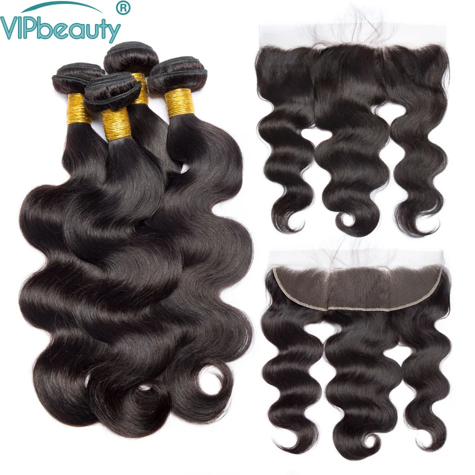 

Vip Beauty Brazilian body wave bundles with frontal non remy hair extension body wave 3 bundles with lace frontal closure