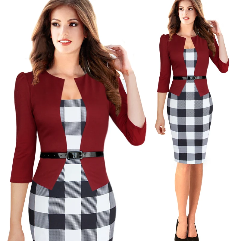 Plus Size S 4XL Size Women Elegant Faux Twinset Belted font b Tartan b font Plaid