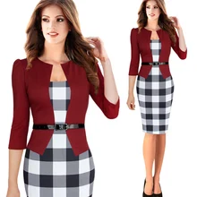 Plus Size S-4XL Size Women Elegant Faux Twinset Belted Tartan Plaid Patchwork Wear to Work Business Pencil Sheath Bodycon Dress