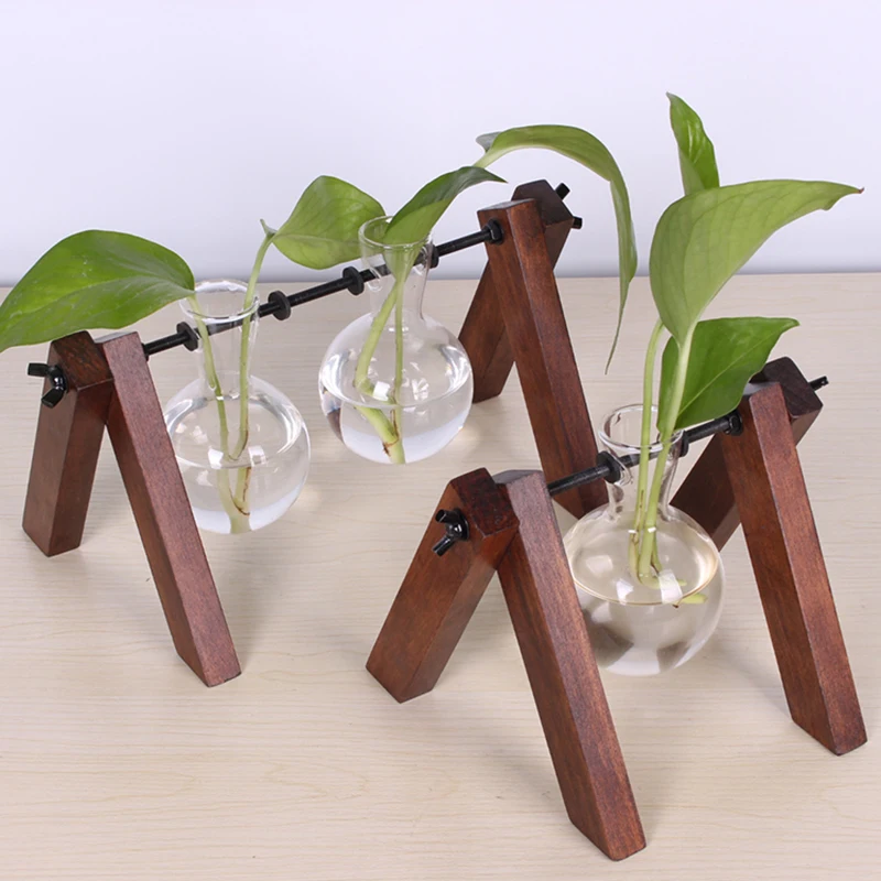 

Glass Planter Bulb Vase with archaistic Wooden propagation station Stand and Metal Swivel Holder for Air Plants Home Garden Deco