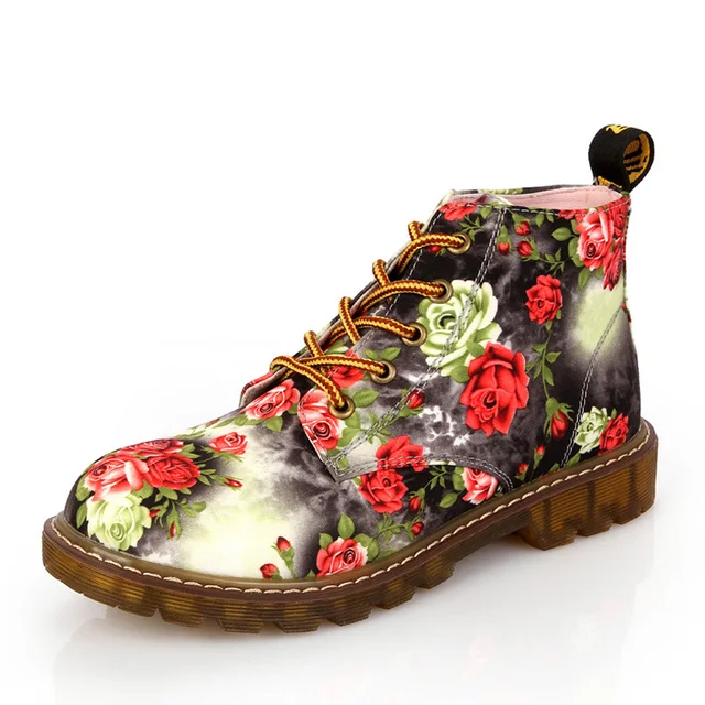 Buy Women Ankle Boots Floral Print Lace Up Round Toe