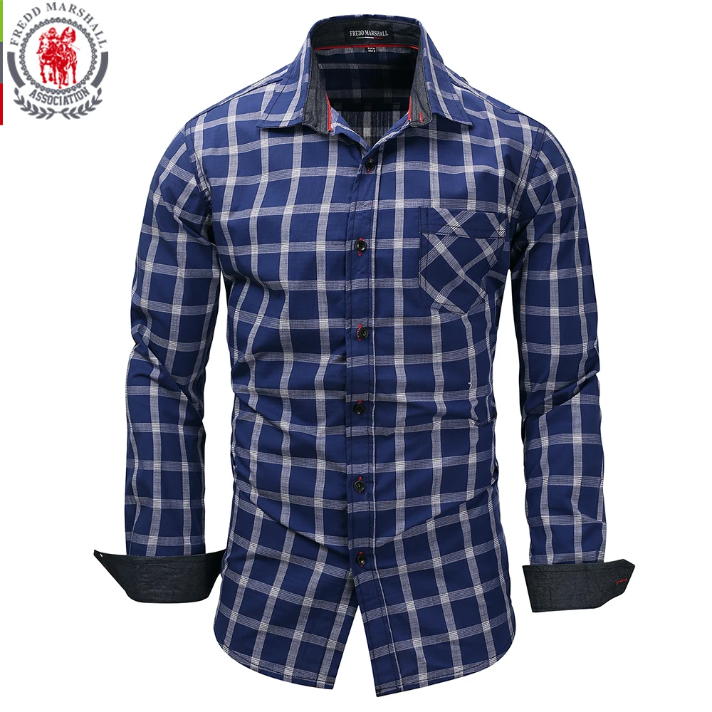 

Fredd Marshall New Fashion Men's Long Sleeve Plaid Dress Shirt Checks Shirt Casual Male Social Business Shirts 100% Cotton 151