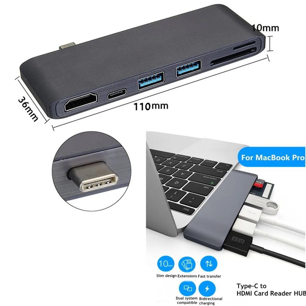 6в1 Type C к USB3.0 4K HDMI концентратор SD TF кардридер адаптер для MacBook Pro XiaoMi Samsung Huawei порт