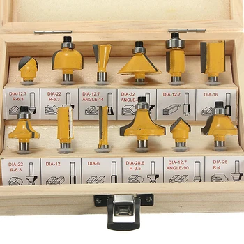 

12pcs 1/4'' Shank Carbide Router Bit Set + Wrench with Wooden Box For Woodworking Cutter Tool
