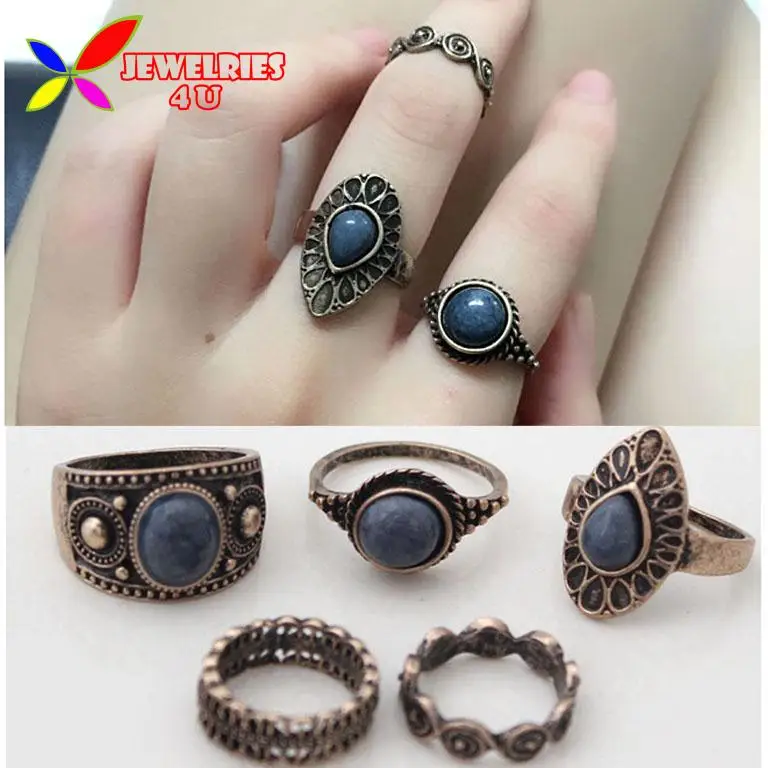 Vintage Ring Sets Fashion Designer Antique Alloy Nature Blue Stone 5pcs Midi finger Rings for Women conjuntos de anillo